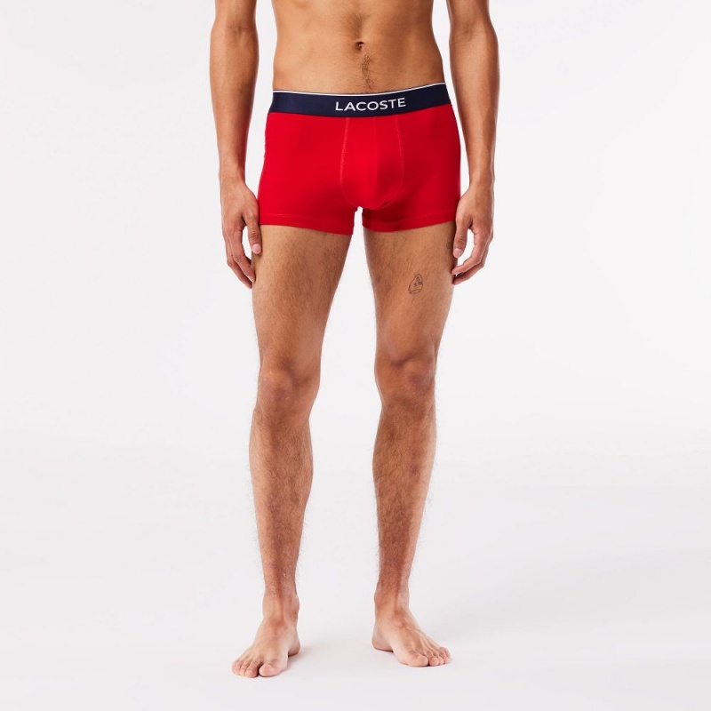 Men's Lacoste Casual Signature 3-Pack Boxer Trunks Navy Blue Grey Chine Red | GAZ345891