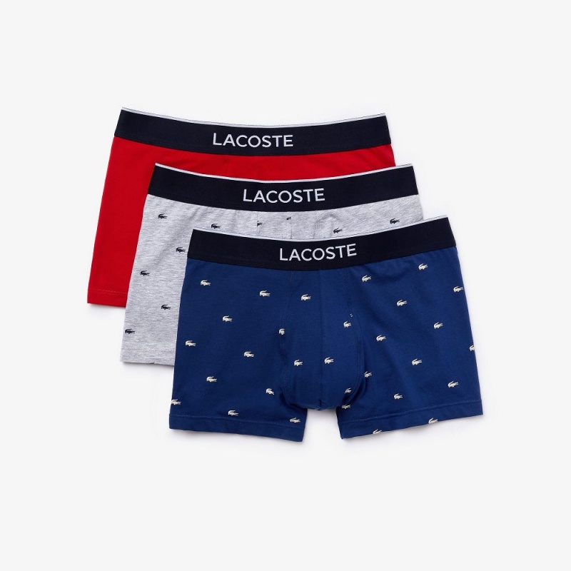 Men's Lacoste Casual Signature 3-Pack Boxer Trunks Navy Blue Grey Chine Red | GAZ345891