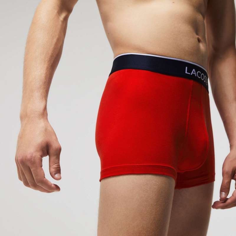 Men's Lacoste Casual Signature 3-Pack Boxer Trunks Navy Blue Grey Chine Red | GAZ345891