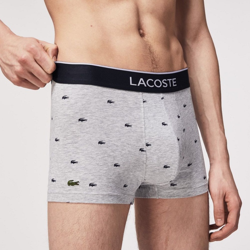 Men's Lacoste Casual Signature 3-Pack Boxer Trunks Navy Blue Grey Chine Red | GAZ345891