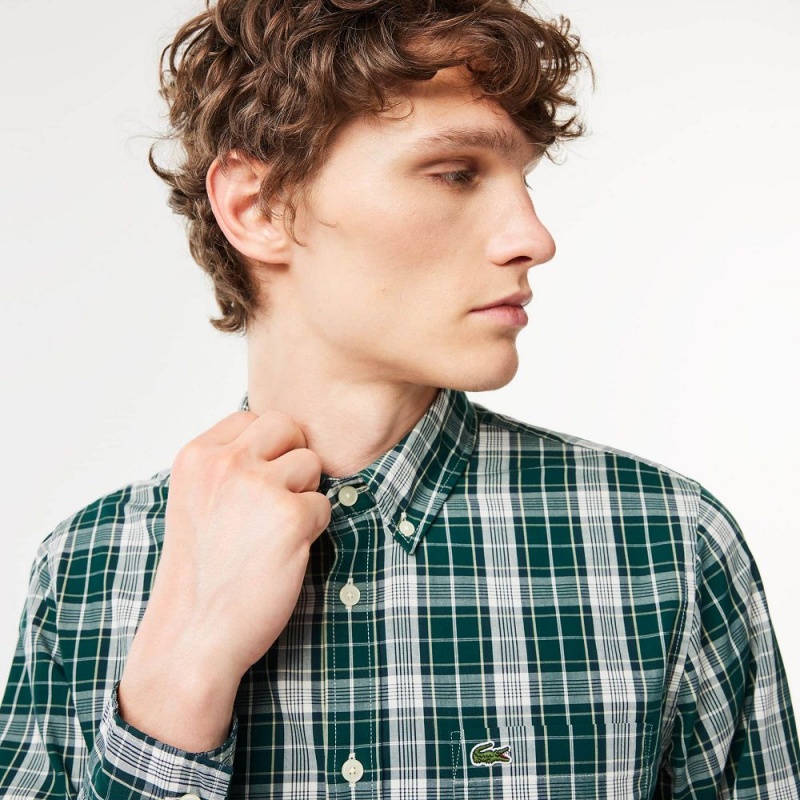 Men's Lacoste Check Print Stretch Shirt Green Grey | UQM304278