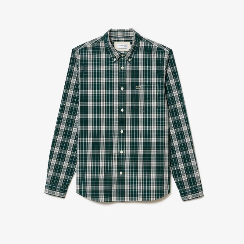 Men's Lacoste Check Print Stretch Shirt Green Grey | UQM304278