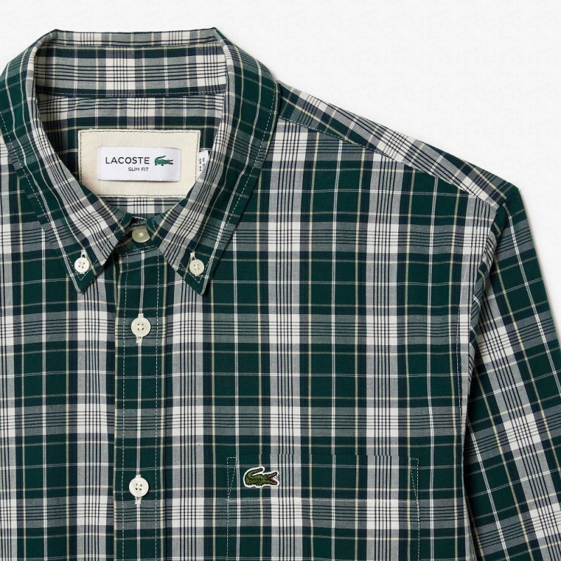 Men's Lacoste Check Print Stretch Shirt Green Grey | UQM304278