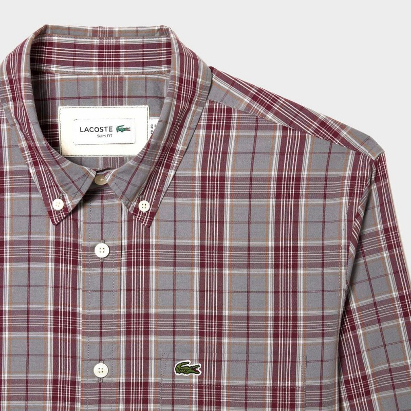 Men's Lacoste Check Print Stretch Shirt Grey Bordeaux | OAM630785