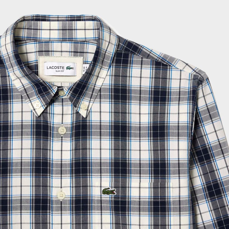 Men's Lacoste Check Print Stretch Shirt White Navy Blue | LOT675429