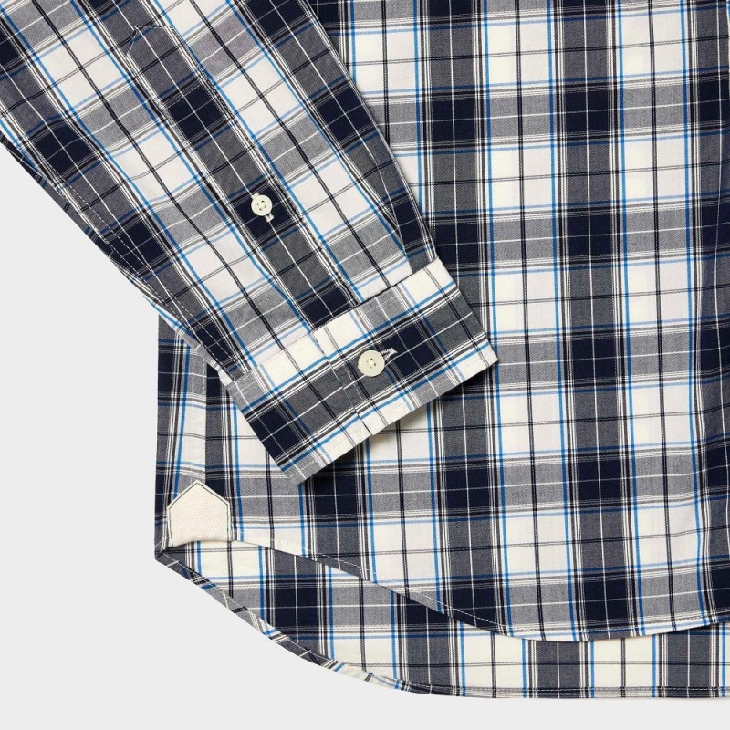 Men's Lacoste Check Print Stretch Shirt White Navy Blue | LOT675429