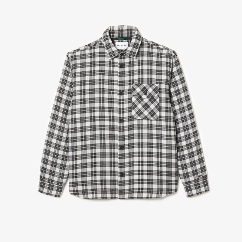 Men's Lacoste Checked Overshirt with Quilted Lining Shirt Black White | ONE051963