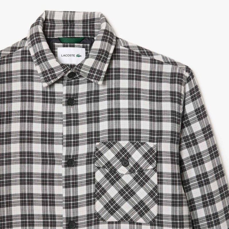 Men's Lacoste Checked Overshirt with Quilted Lining Shirt Black White | ONE051963