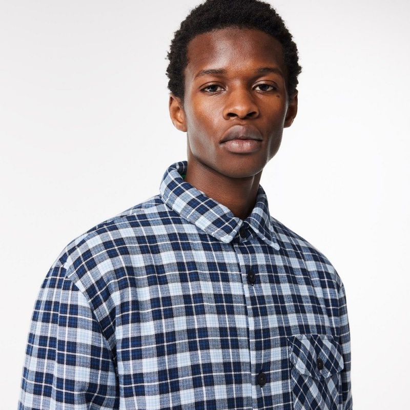 Men's Lacoste Checked Overshirt with Quilted Lining Shirt Navy Blue White | JGT940871