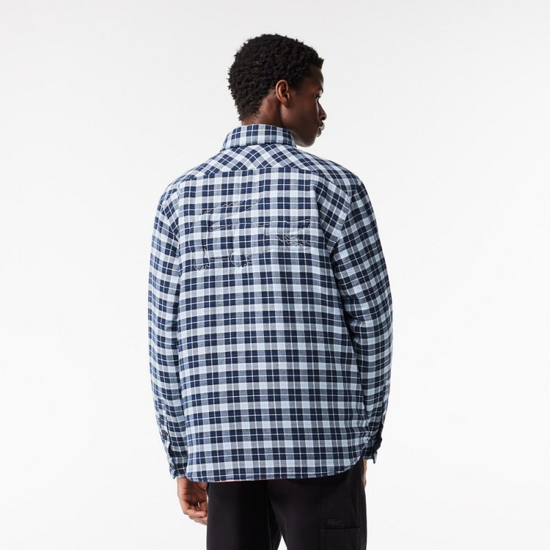 Men's Lacoste Checked Overshirt with Quilted Lining Shirt Navy Blue White | JGT940871