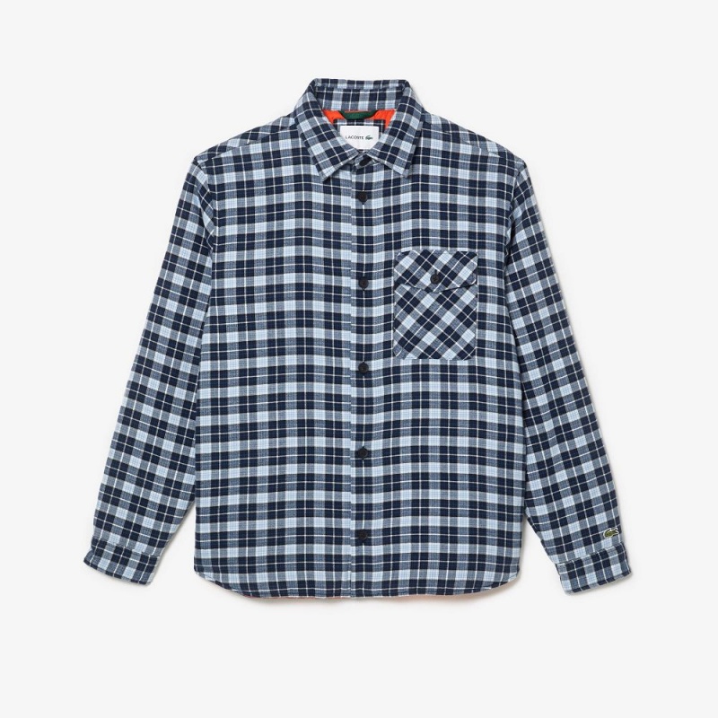 Men's Lacoste Checked Overshirt with Quilted Lining Shirt Navy Blue White | JGT940871