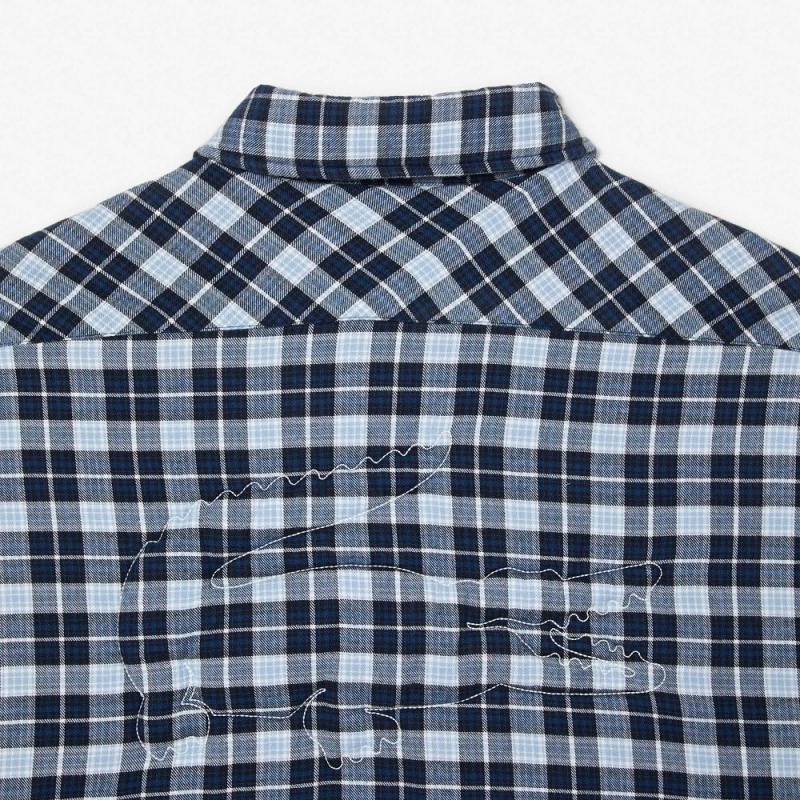 Men's Lacoste Checked Overshirt with Quilted Lining Shirt Navy Blue White | JGT940871