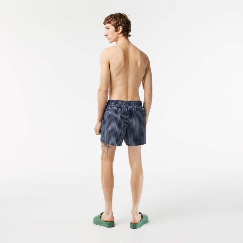 Men's Lacoste Checked Swim Trunks Navy Blue White | GWN546071