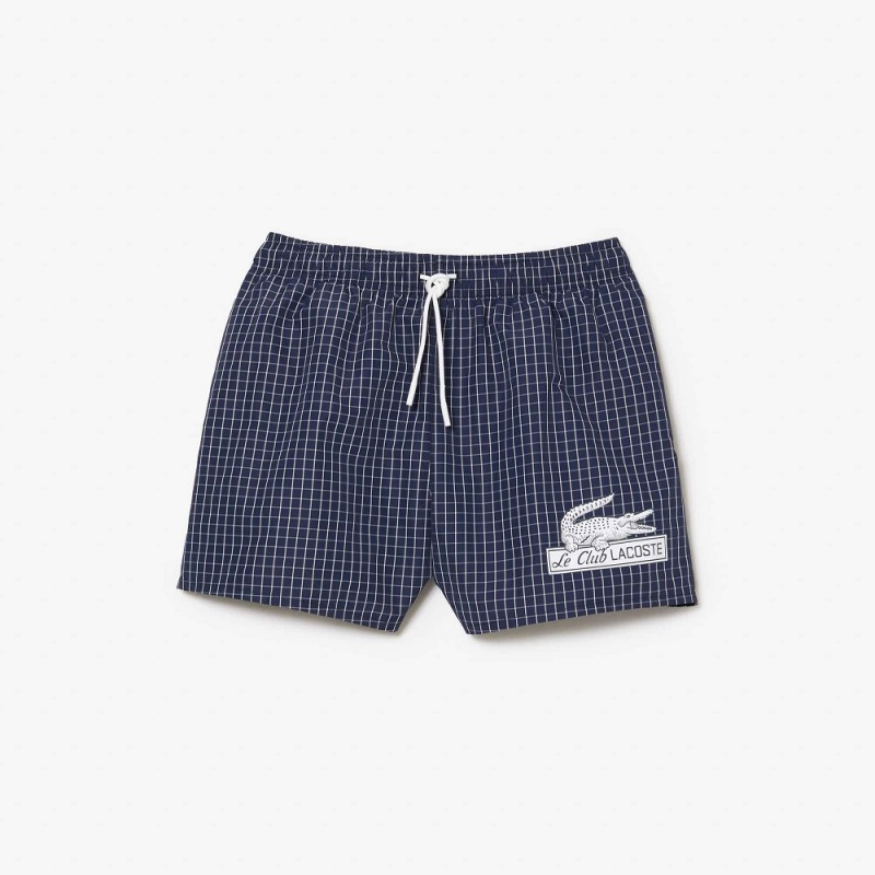 Men's Lacoste Checked Swim Trunks Navy Blue White | GWN546071