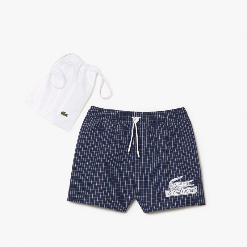 Men's Lacoste Checked Swim Trunks Navy Blue White | GWN546071