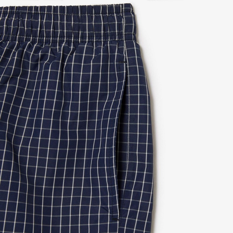 Men's Lacoste Checked Swim Trunks Navy Blue White | GWN546071