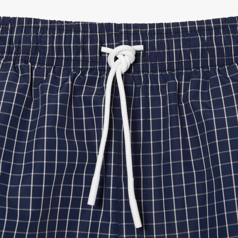 Men's Lacoste Checked Swim Trunks Navy Blue White | GWN546071