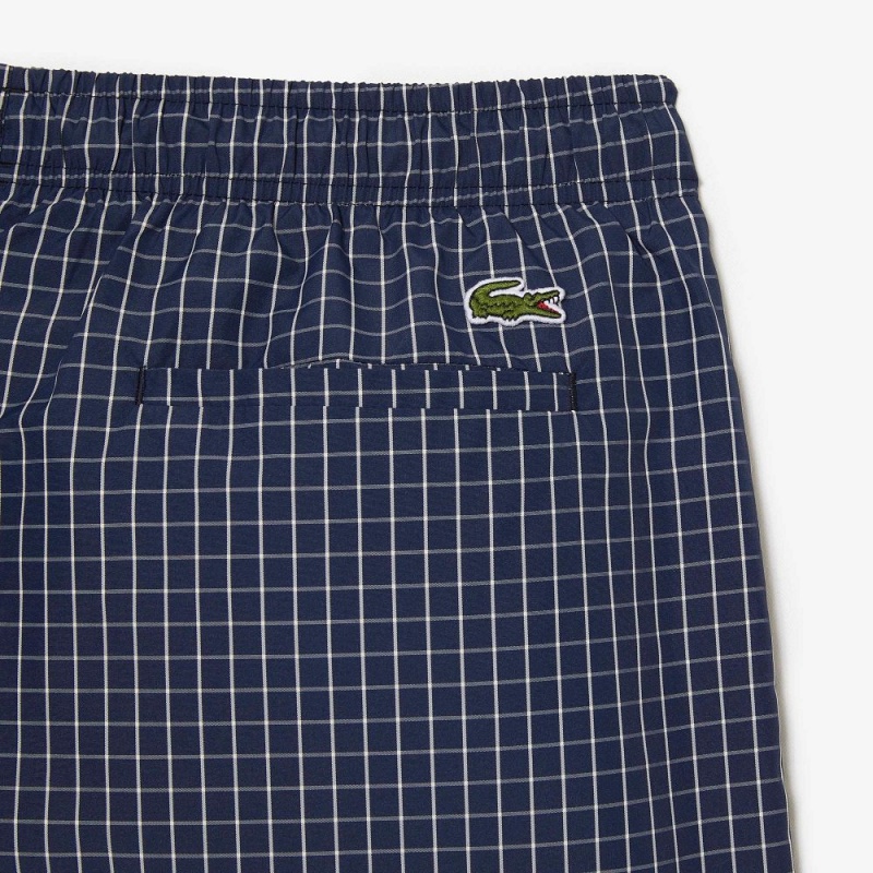 Men's Lacoste Checked Swim Trunks Navy Blue White | GWN546071