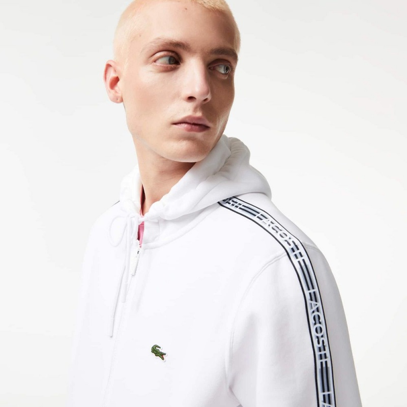 Men's Lacoste Classic Fit Branded Stripes Zip-Up Hoodie White | BMV164058