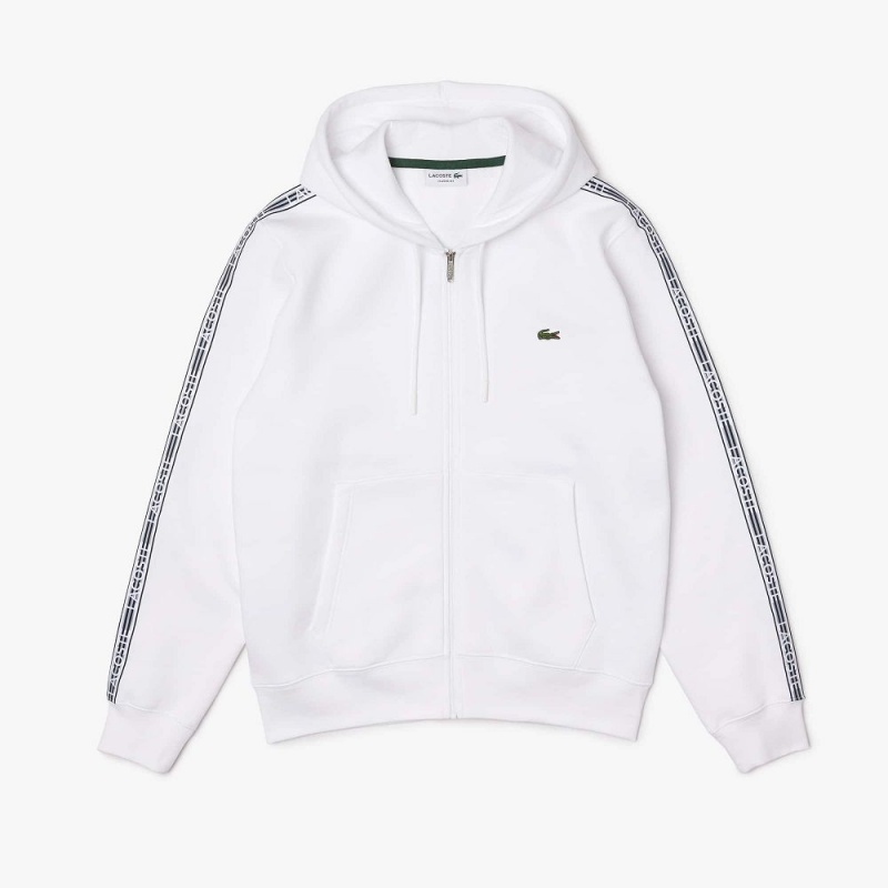 Men's Lacoste Classic Fit Branded Stripes Zip-Up Hoodie White | BMV164058