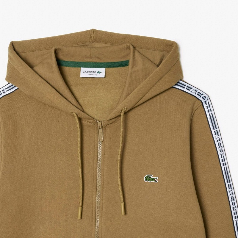 Men's Lacoste Classic Fit Branded Stripes Zip-Up Hoodie Brown | PYE531982