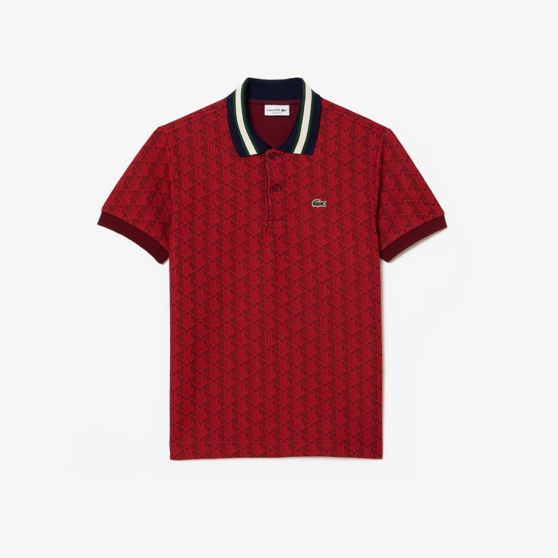 Men's Lacoste Classic Fit Contrast Collar Monogram Polo Shirts Bordeaux Red | YAM620517