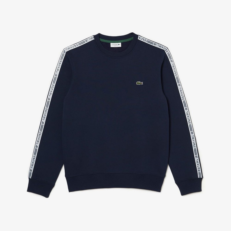 Men's Lacoste Classic Fit Logo Stripe Flannel Sweatshirt Navy Blue | RCT348601