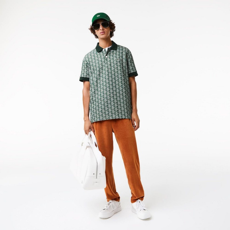 Men's Lacoste Classic Fit Monogram Print Polo Shirts Green Beige | GBM932784