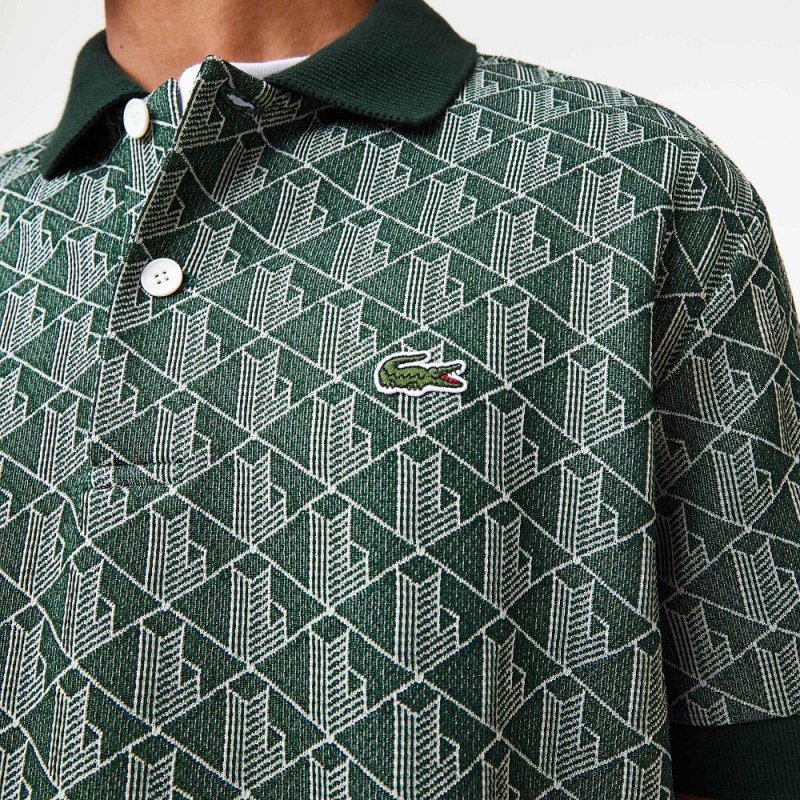 Men's Lacoste Classic Fit Monogram Print Polo Shirts Green Beige | GBM932784