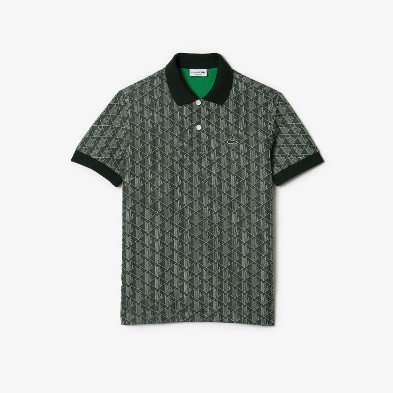 Men's Lacoste Classic Fit Monogram Print Polo Shirts Green Beige | GBM932784