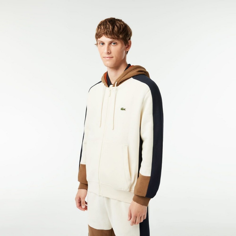 Men\'s Lacoste Colorblock Hoodie White Brown Navy Blue | ZBA837041