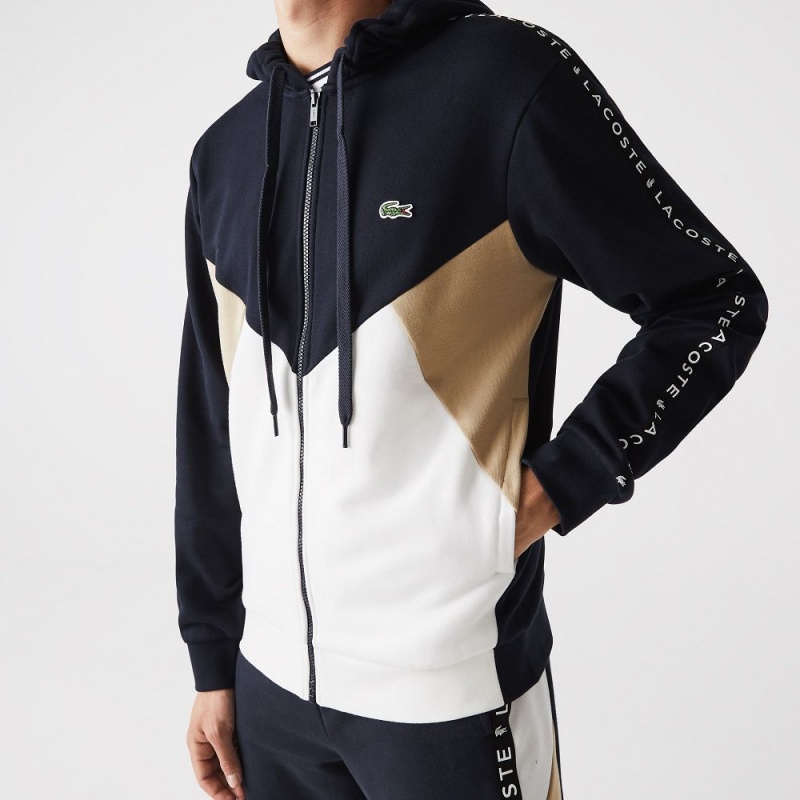 Men's Lacoste Colorblock Lettered Fleece Zip-Up Hoodie Navy Blue White Beige | SYB627540