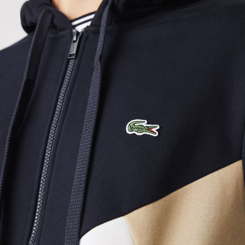 Men's Lacoste Colorblock Lettered Fleece Zip-Up Hoodie Navy Blue White Beige | SYB627540