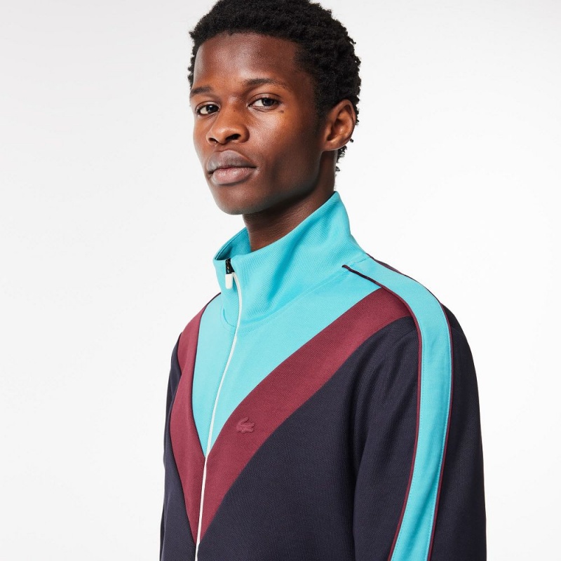 Men's Lacoste Colorblock Ripstop Piqué Zip-Up Sweatshirt Navy Blue Blue Bordeaux | JXN816425