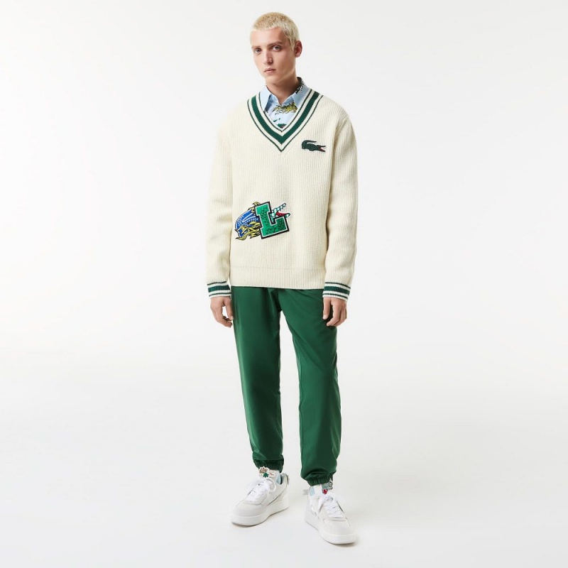 Men's Lacoste Comic Badge Sweater White Green | FEU867491