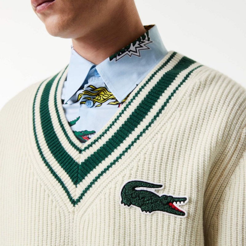 Men's Lacoste Comic Badge Sweater White Green | FEU867491