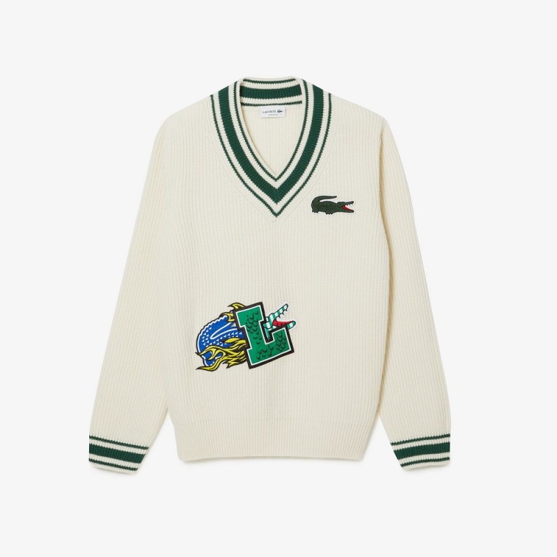 Men's Lacoste Comic Badge Sweater White Green | FEU867491