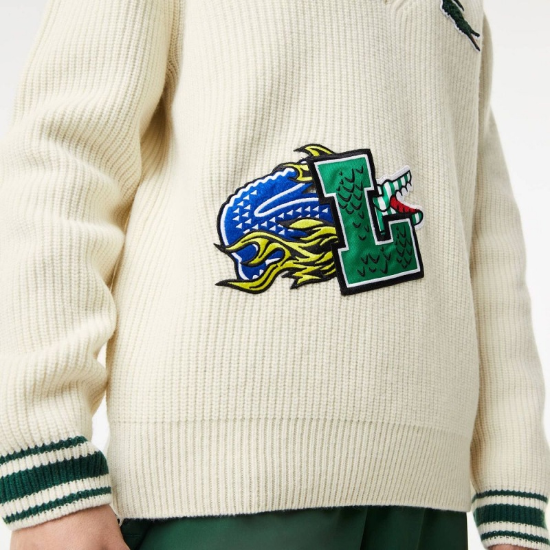 Men's Lacoste Comic Badge Sweater White Green | FEU867491