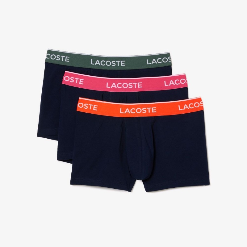 Men's Lacoste Constrast Waist 3-Pack Trunks Navy Blue Dark Green Orange Fushia Pink | QZE648290