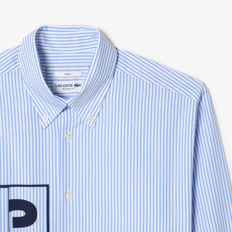 Men's Lacoste Contrast Branded Striped Shirt White Blue | DTY240769