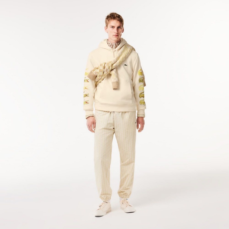 Men's Lacoste Contrast Crocodile Hoodie Cream | DPA187690