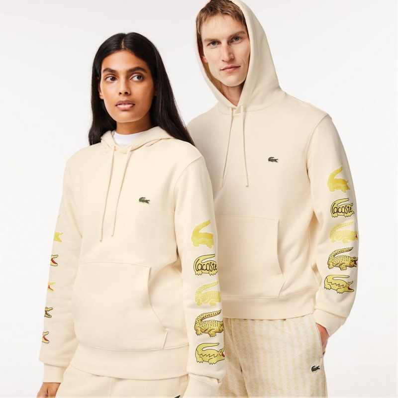 Men's Lacoste Contrast Crocodile Hoodie Cream | DPA187690