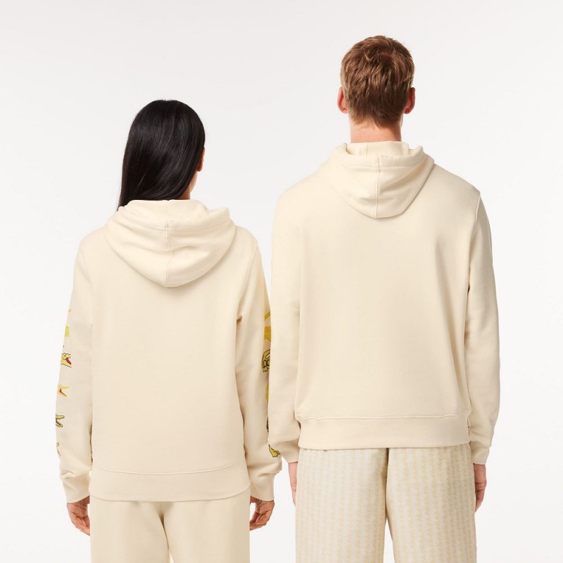 Men's Lacoste Contrast Crocodile Hoodie Cream | DPA187690