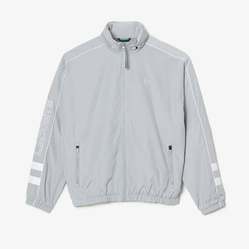 Men's Lacoste Contrast Details Water-Resistant Zip-Up Jackets Grey White | HMF693508