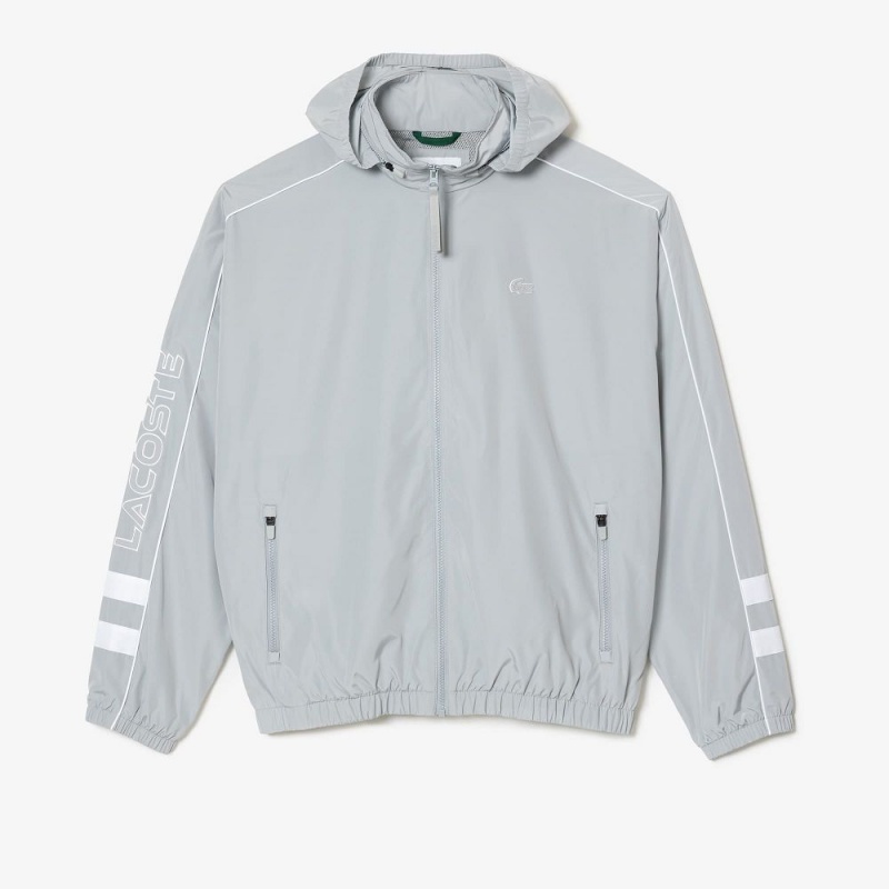 Men's Lacoste Contrast Details Water-Resistant Zip-Up Jackets Grey White | HMF693508