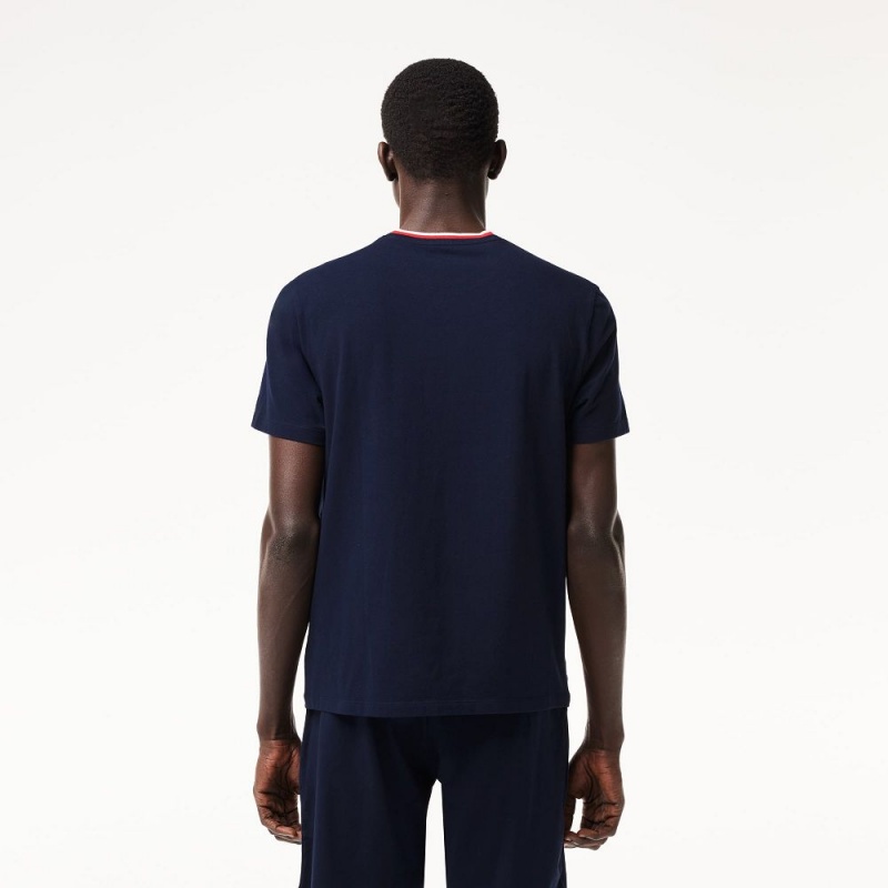 Men's Lacoste Contrast Neck Top Pajamas Navy Blue | RVK135426