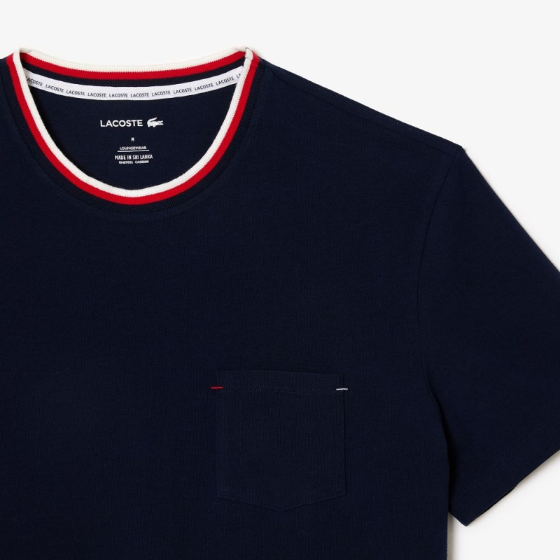 Men's Lacoste Contrast Neck Top Pajamas Navy Blue | RVK135426