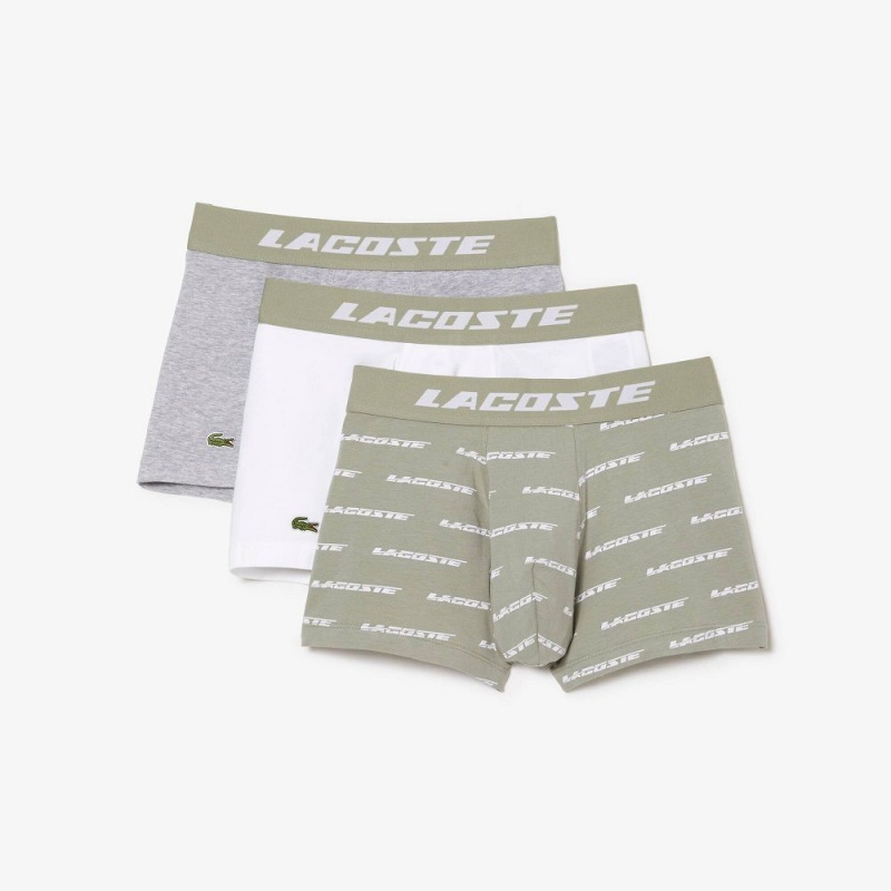 Men's Lacoste Contrast Waist 3-Pack Trunks Khaki Green Grey Chine White | SMP475132