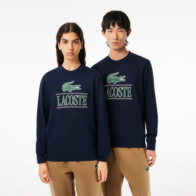 Men\'s Lacoste Cotton Fleece Branded Sweatshirt Navy Blue | MWU213078