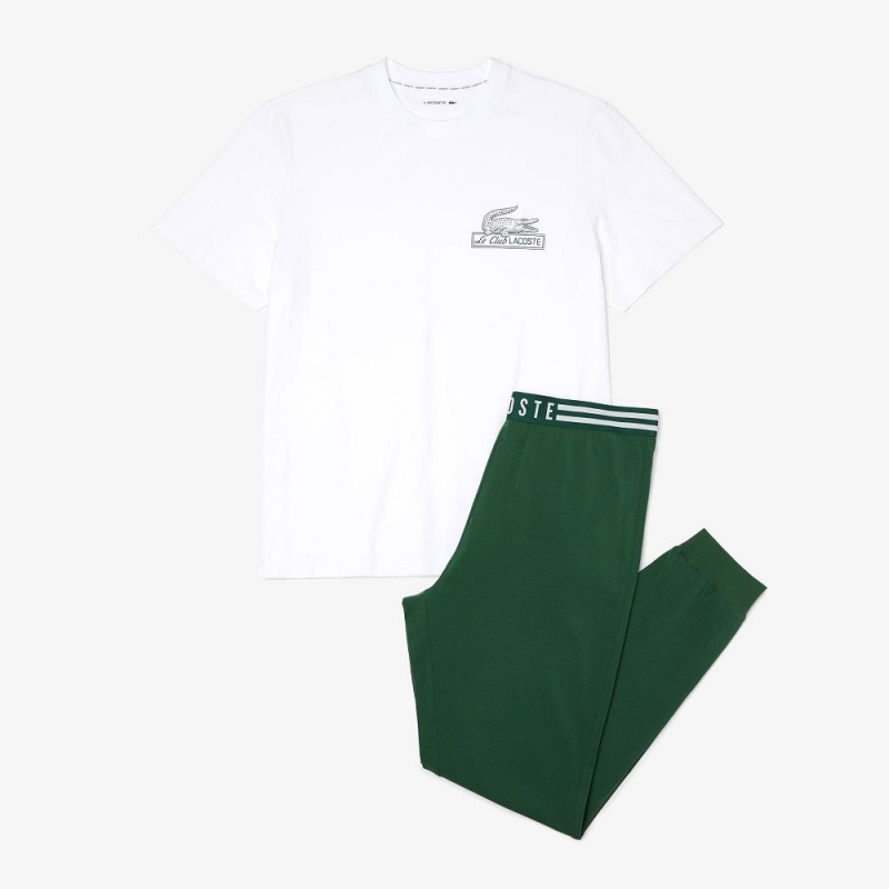 Men's Lacoste Cotton Jersey Set Pajamas White Green | XLE457093